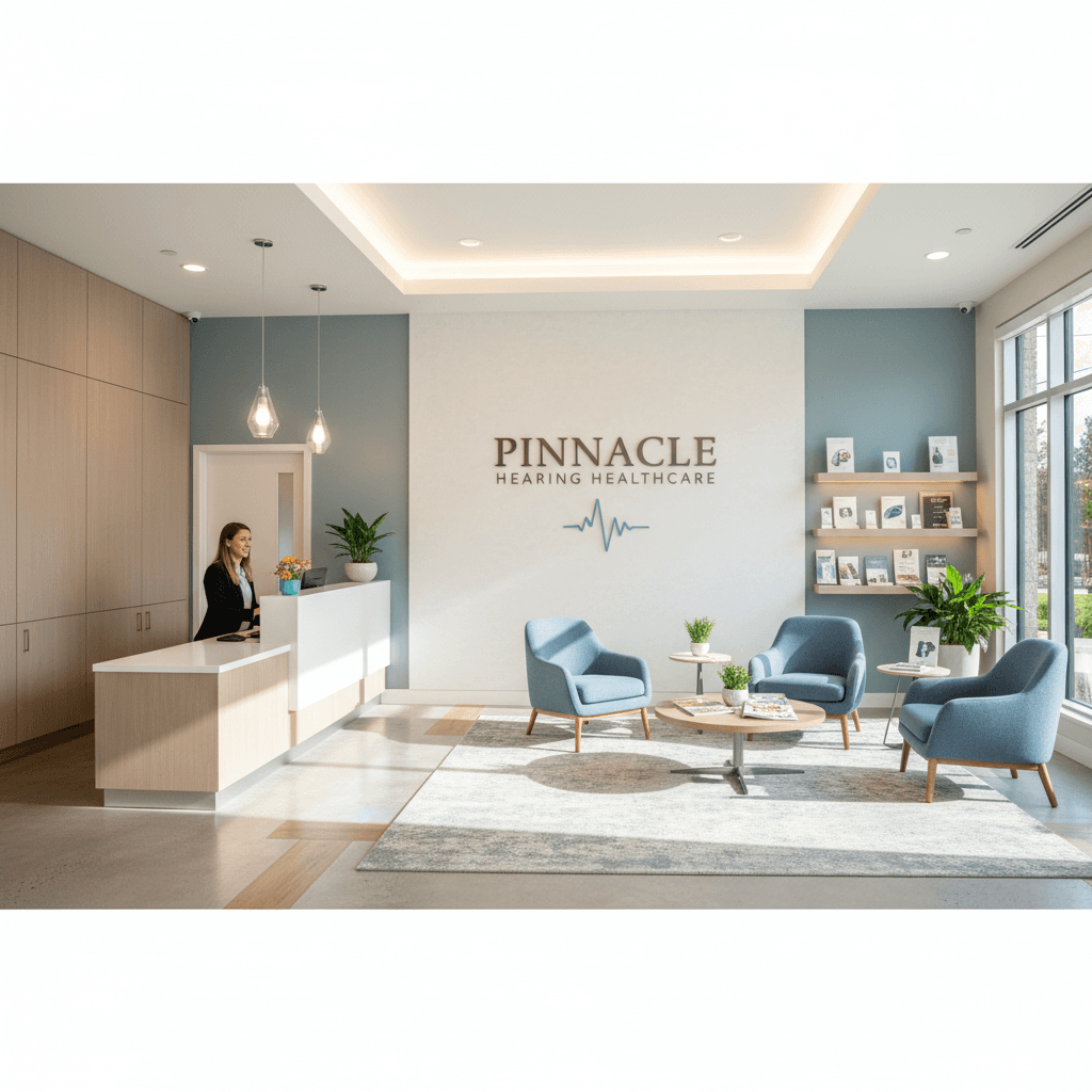 Clinic reception area with Pinnacle Hearing Healthcare logo on the wall.