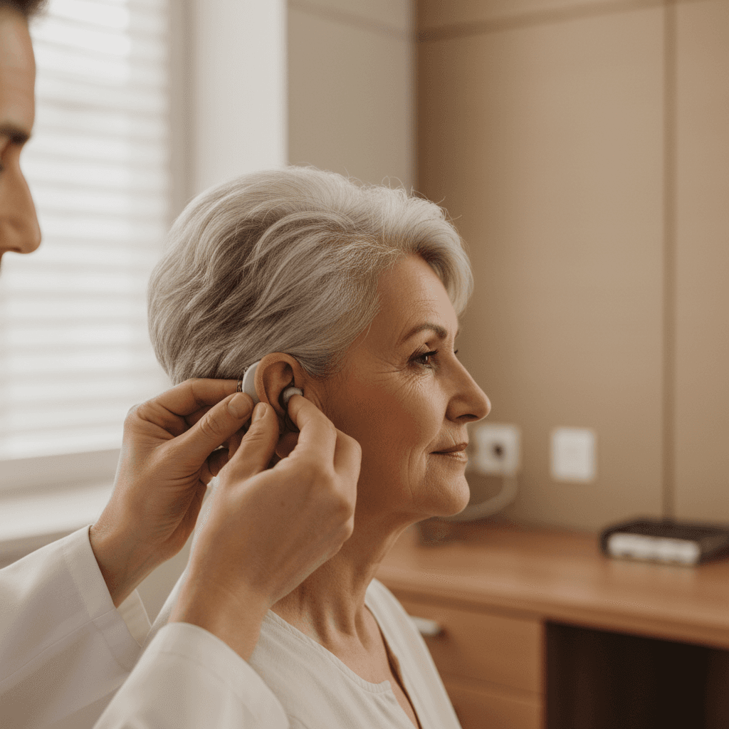 Hearing specialist fitting a hearing aid for a patient