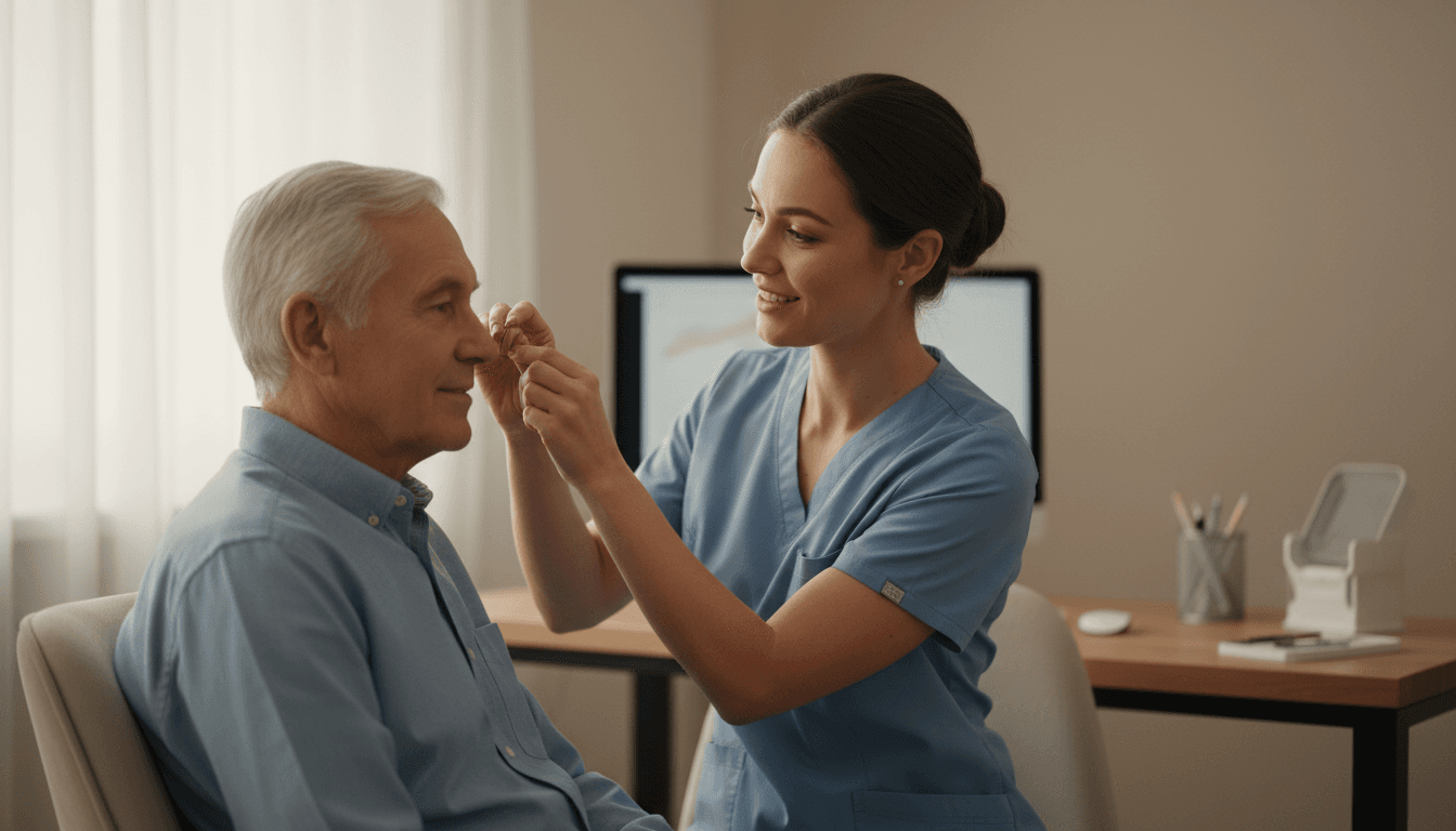 Hearing specialist adjusting a hearing aid for a patient in a bright, clean clinic room