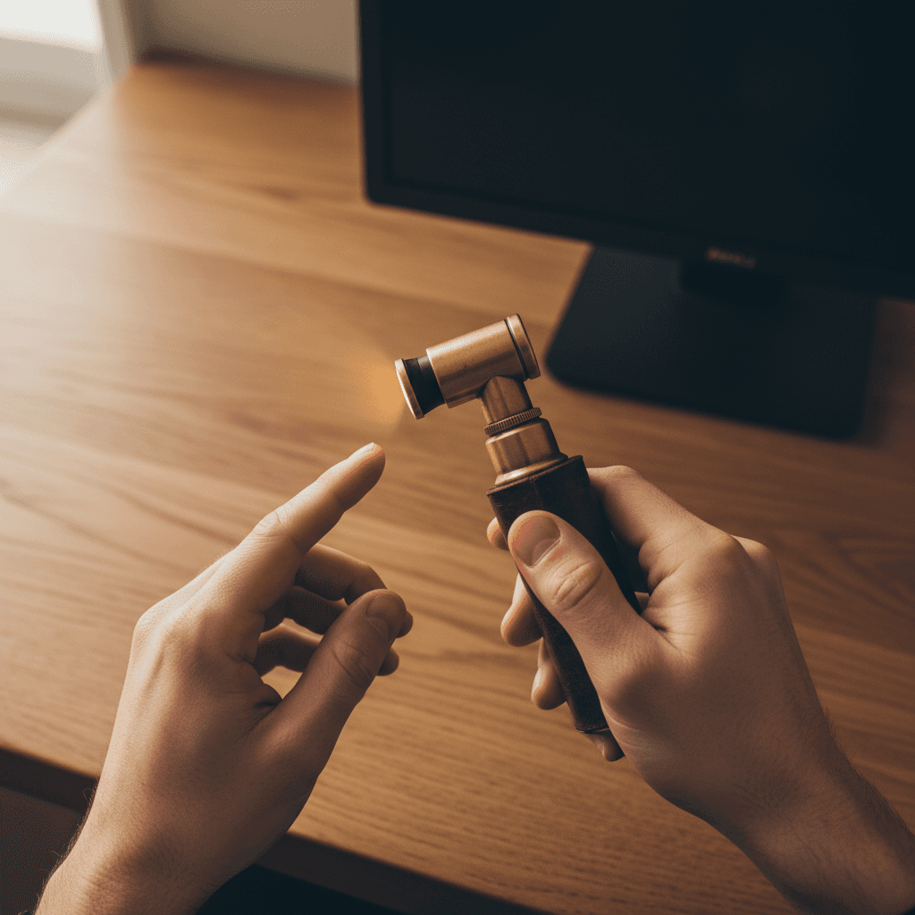 Specialist using an otoscope for cerumen removal