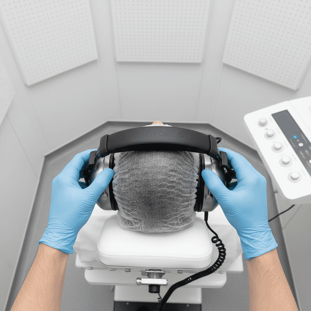 Audiologist positioning specialized headphones on patient for hearing assessment test overhead view