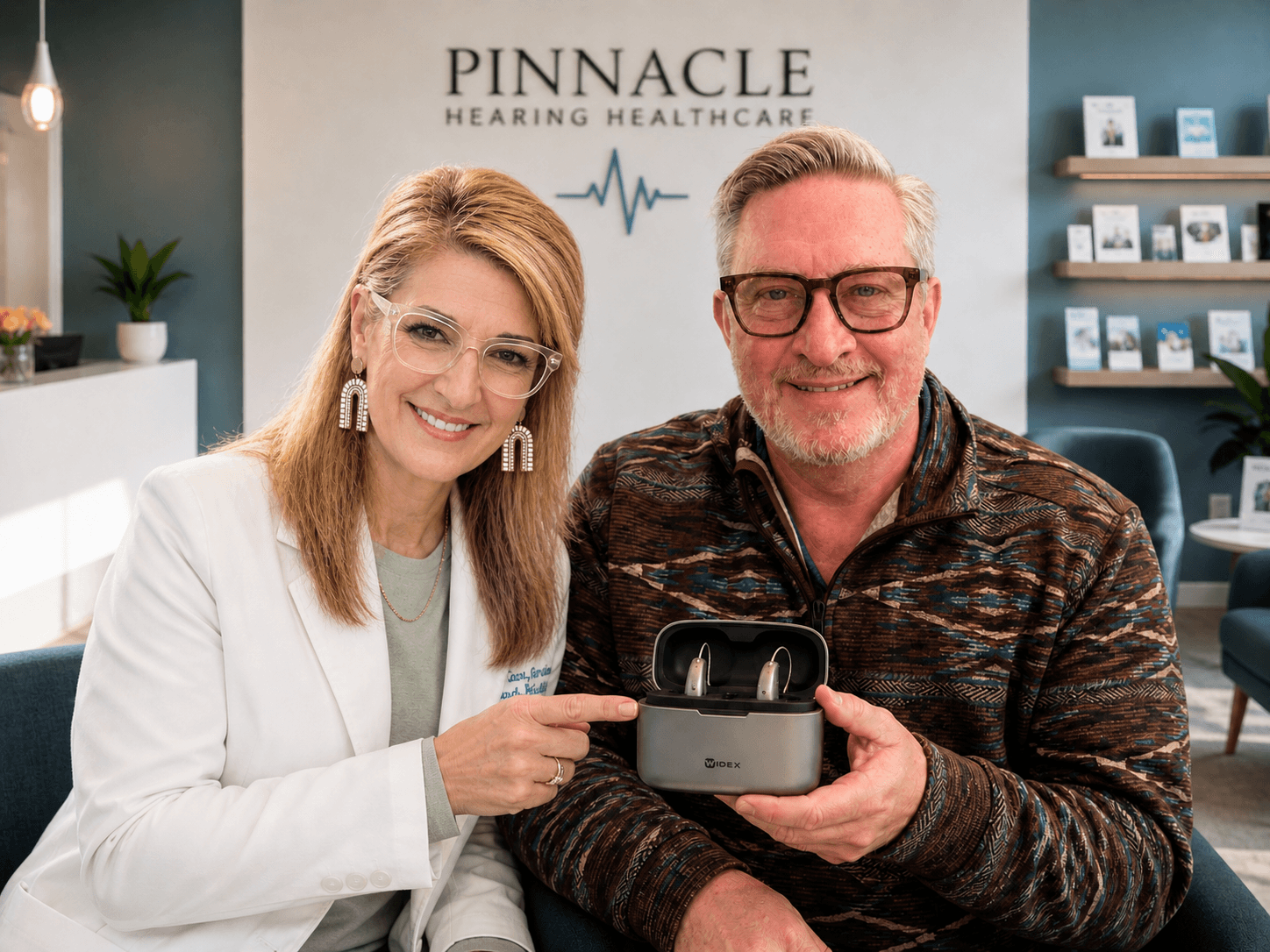Smiling audiologist and patient holding a Widex hearing aid case at Pinnacle Hearing Healthcare.