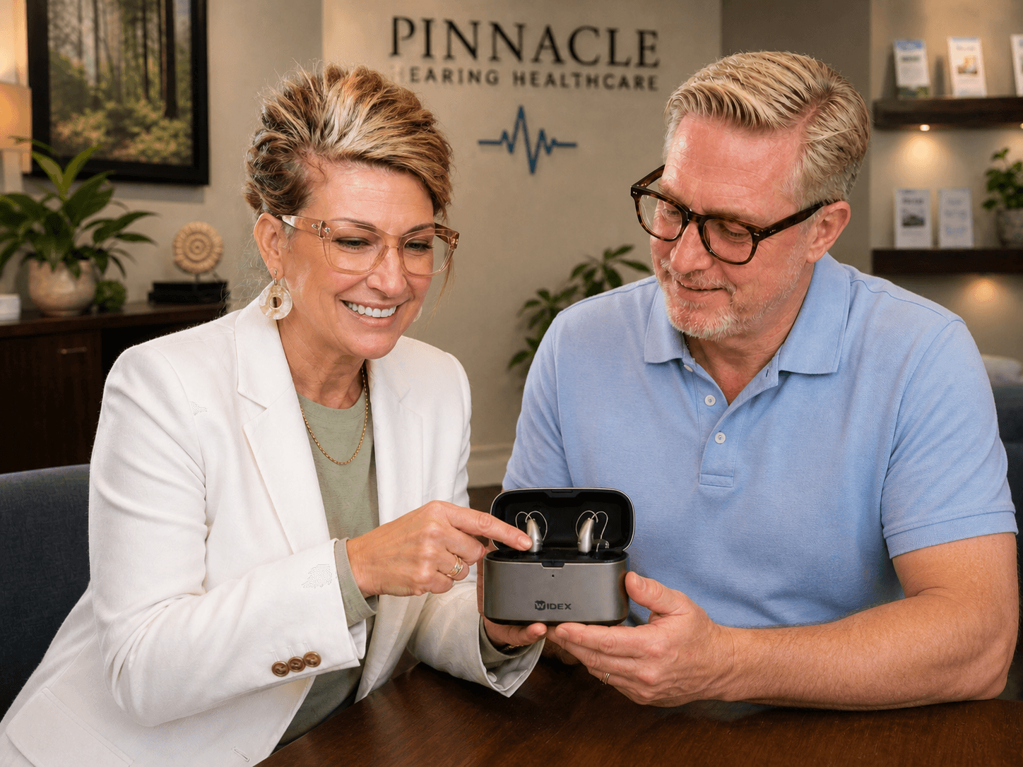 Woman in white blazer points to hearing aids in a Widex case held by man.