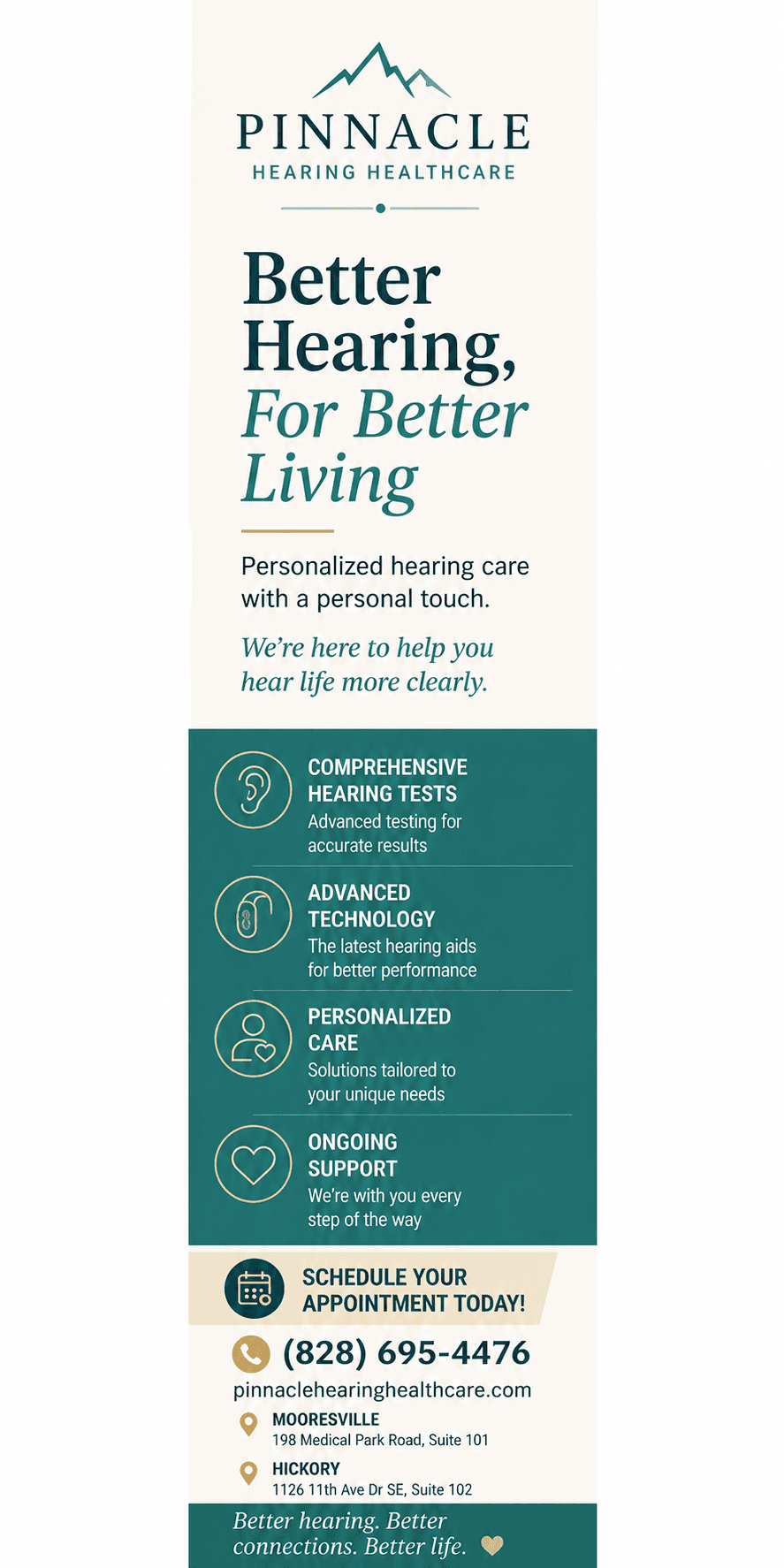 Pinnacle Hearing Healthcare flyer offering personalized hearing care, advanced technology, comprehensive tests, and support.