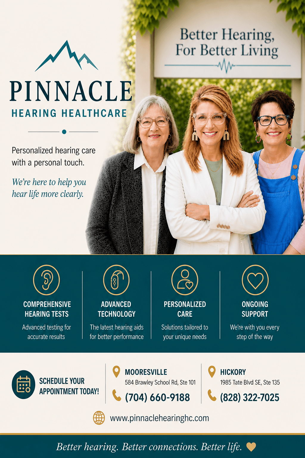 Pinnacle Hearing Healthcare advertisement featuring three smiling women, service icons, and clinic contact details.