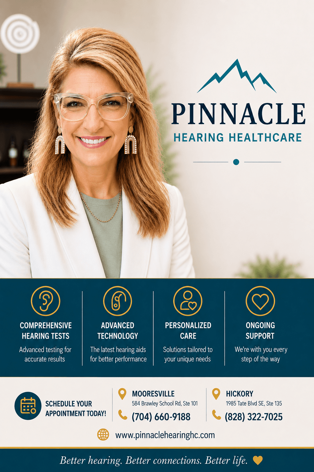 Pinnacle Hearing Healthcare flyer featuring a professional woman and details about comprehensive hearing care services.