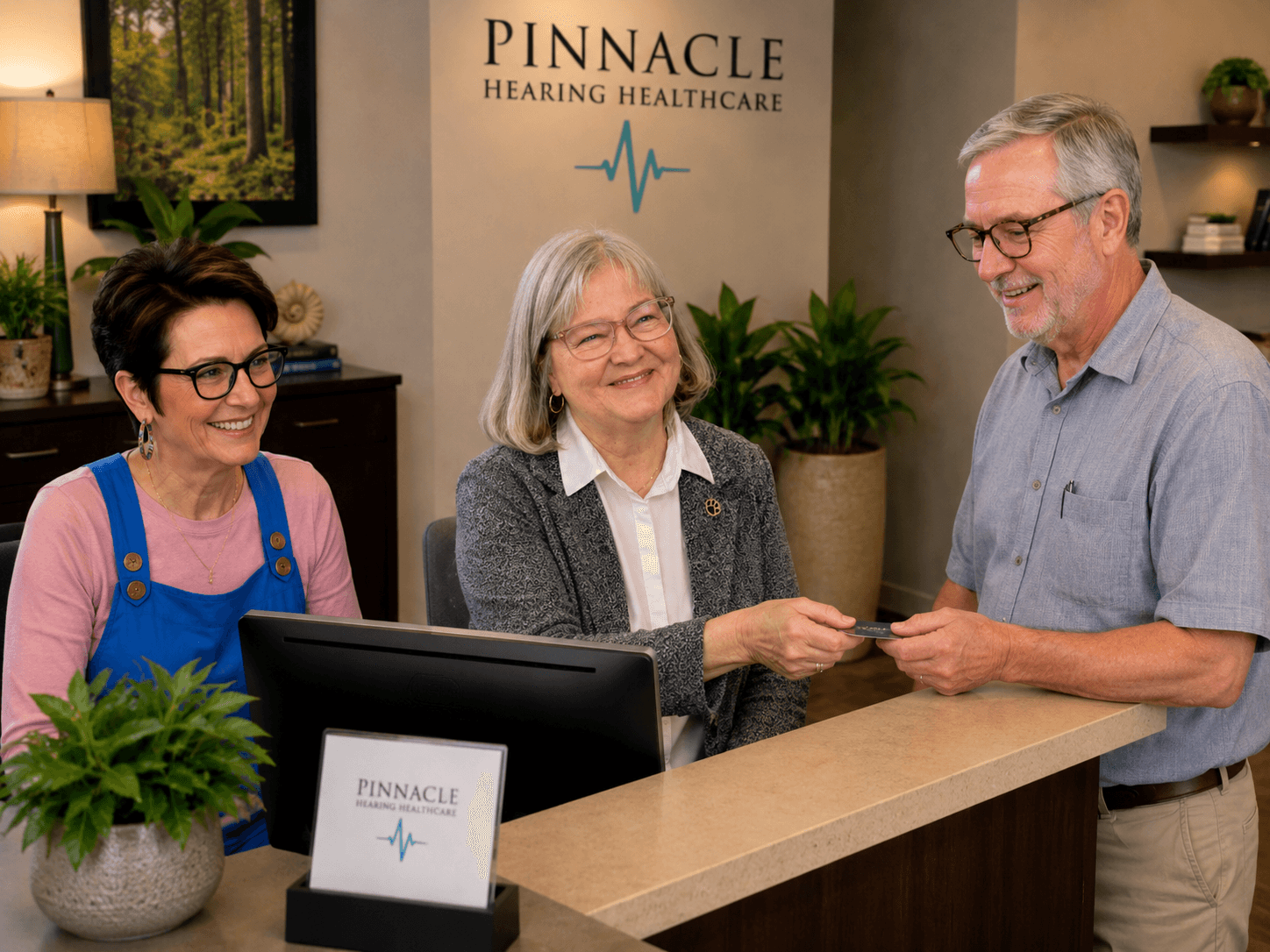 Smiling staff at a hearing clinic reception desk hand a card to a senior patient.