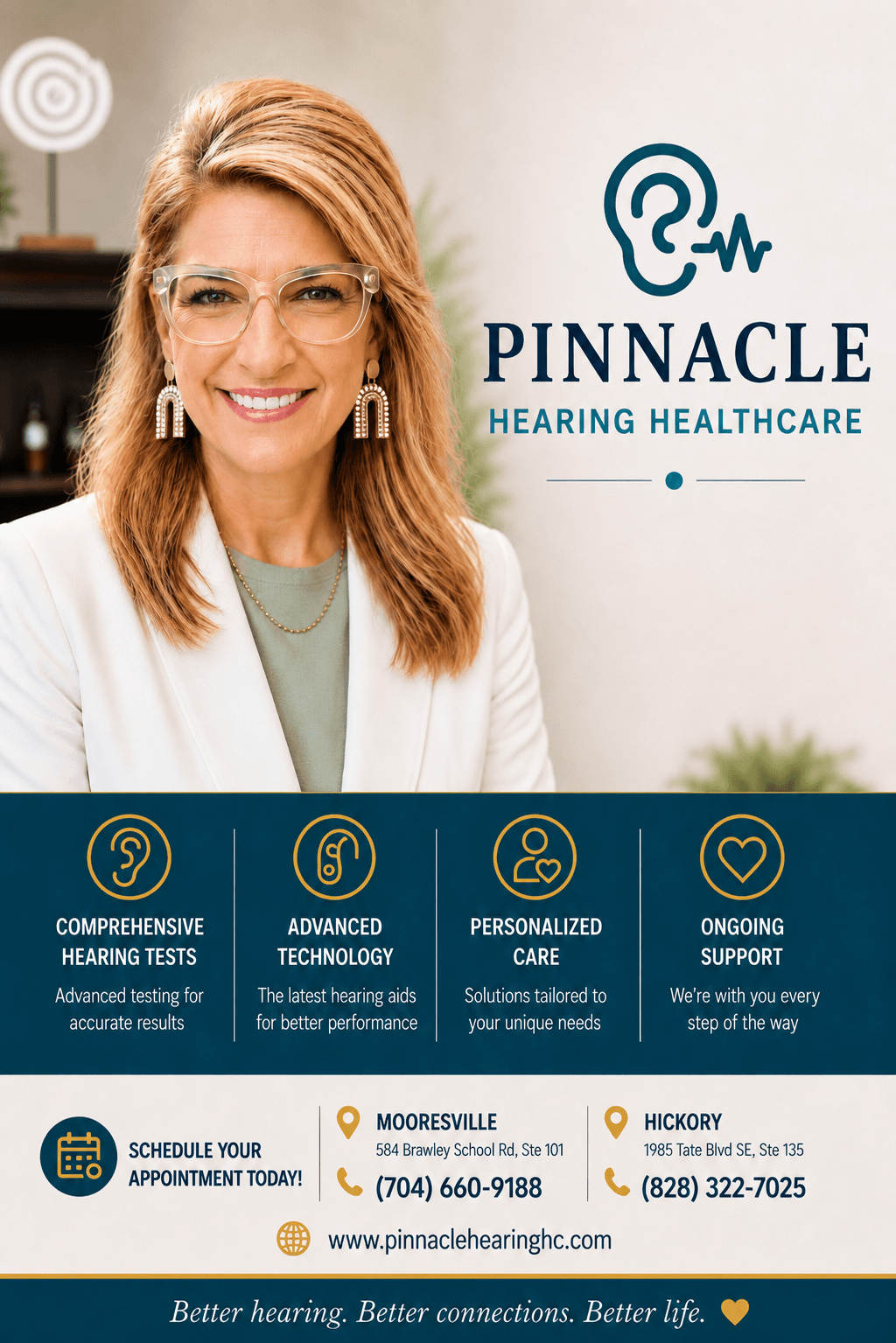 Advertisement for Pinnacle Hearing Healthcare with a smiling woman, service icons, and contact information.