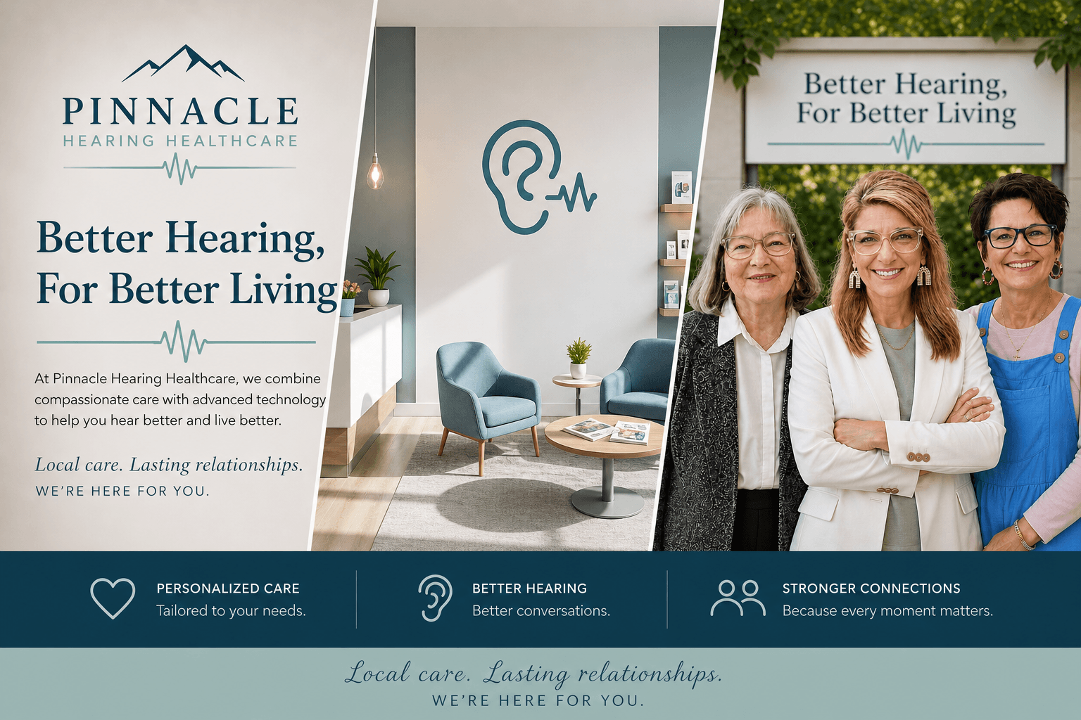 Pinnacle Hearing Healthcare advertisement featuring a modern waiting room and three smiling professional women.