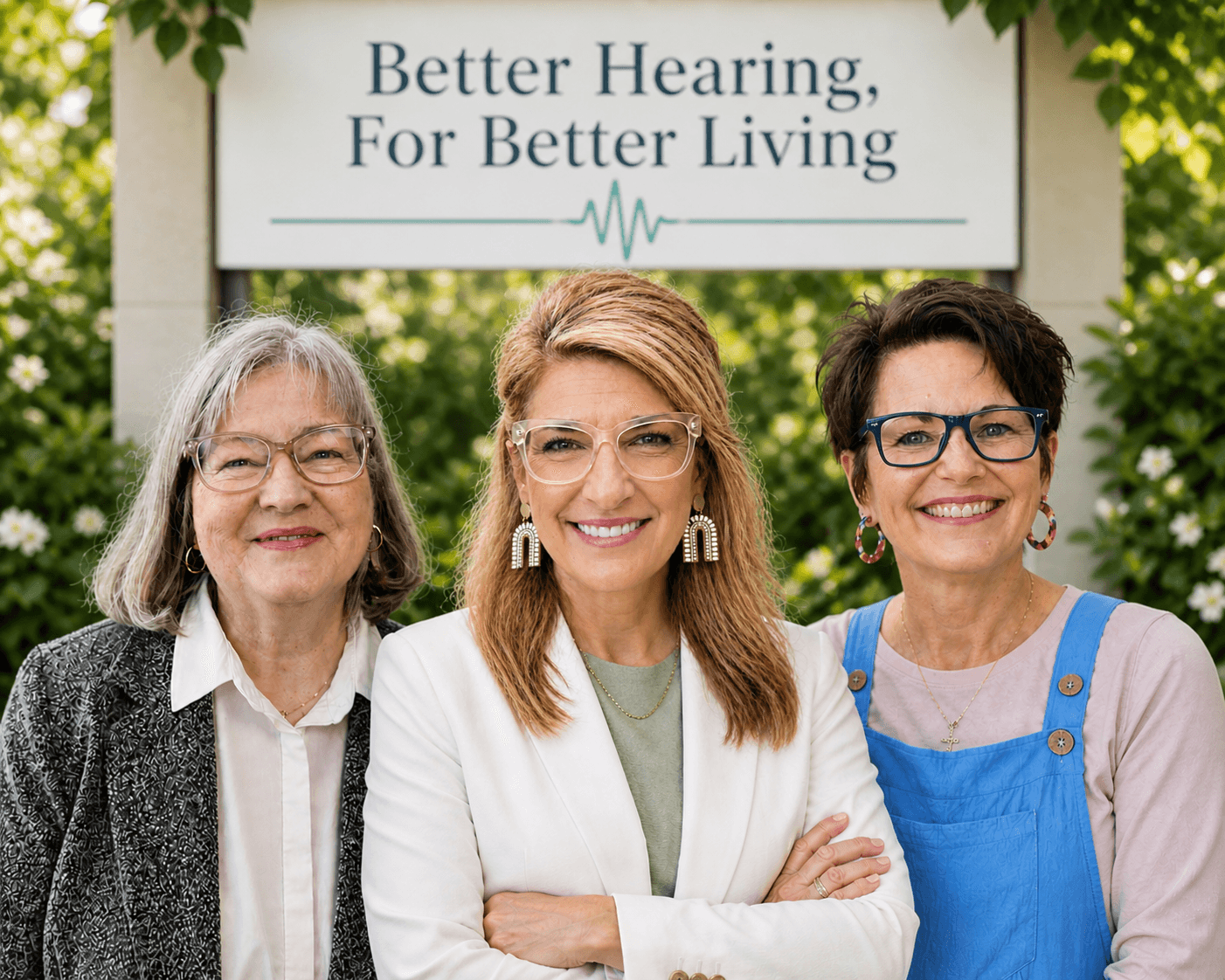 Three smiling women stand in front of a sign reading Better Hearing, For Better Living.