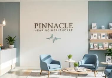 Pinnacle Hearing Healthcare waiting area featuring blue armchairs, brochures, and a professional logo wall.
