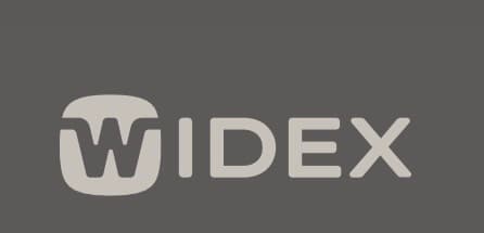 WIDEX brand logo featuring a stylized 'W' icon and sans-serif typography in light gray.