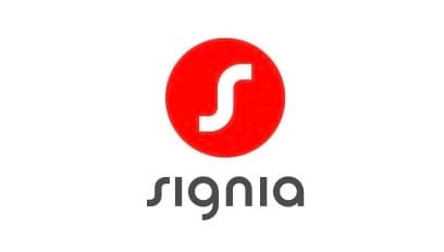 Signia logo with a white stylized 's' in a red circle above grey lowercase text.