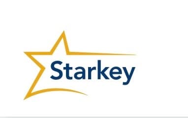 Starkey logo featuring a stylized gold star outline and the brand name in blue.