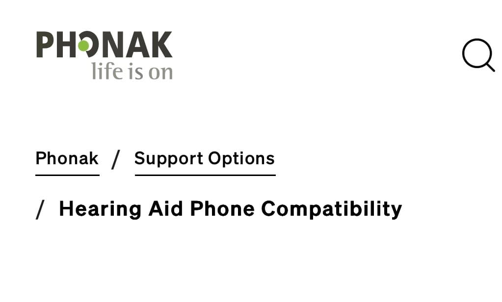 Phonak logo and breadcrumb navigation for support options and hearing aid phone compatibility.