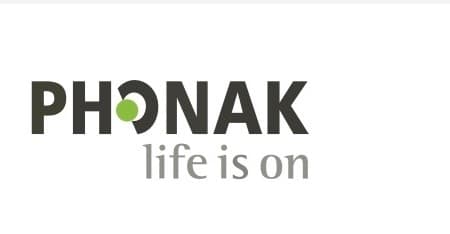 Phonak logo in dark grey with a green circle and tagline life is on.