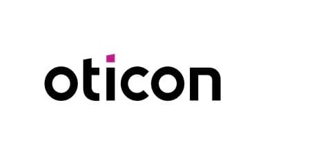 Oticon logo in bold black lowercase letters with a magenta square dot over the i.