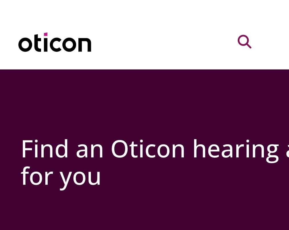 Oticon logo and search icon above white text Find an Oticon hearing aid for you.