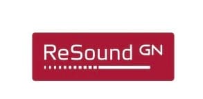 White ReSound GN logo on a red rectangular background with a dotted and solid underline.
