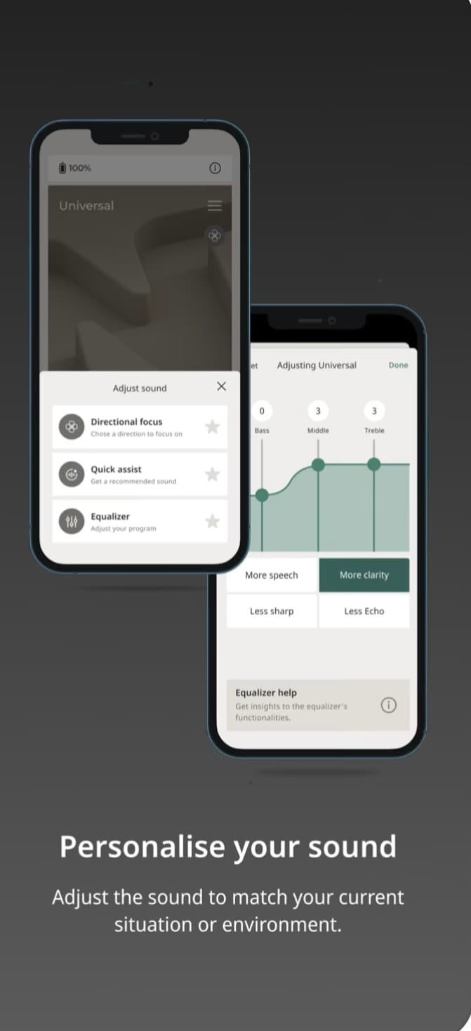 Two smartphones showing a sound personalization app with equalizer settings and directional focus features.