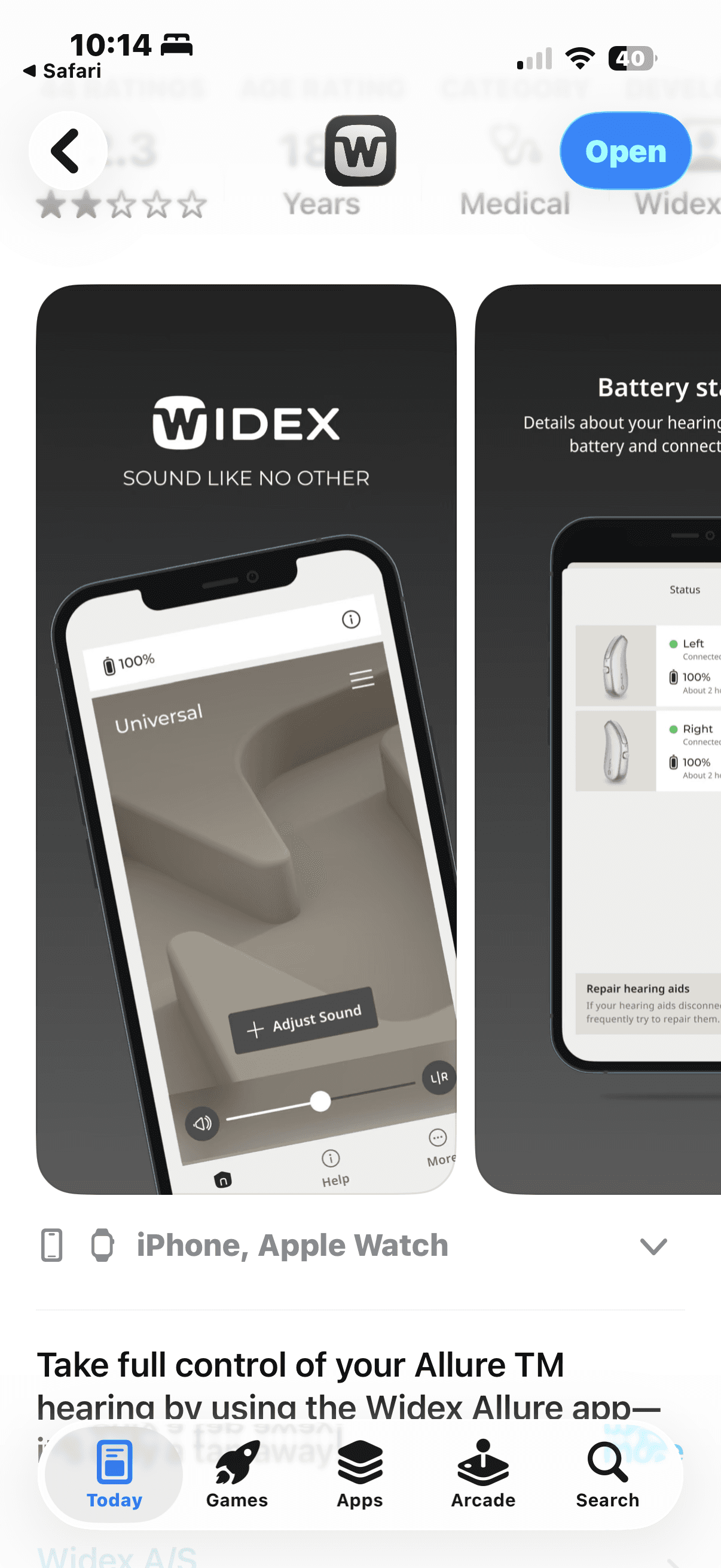 Widex Allure app interface on iPhone showing sound adjustment and hearing aid battery status.