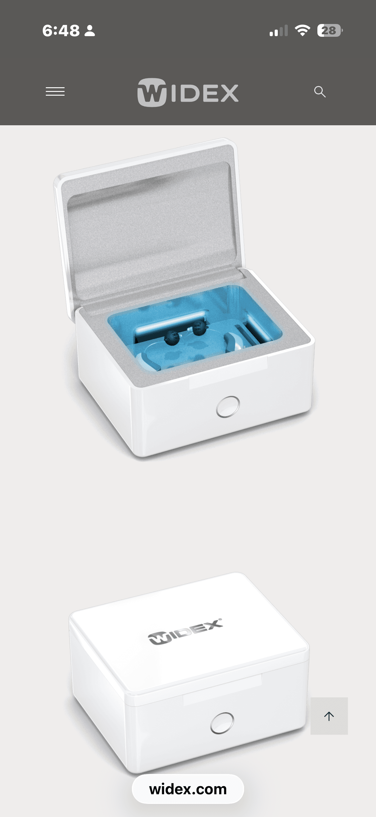 White Widex hearing aid drying station shown open with blue UV light and closed.