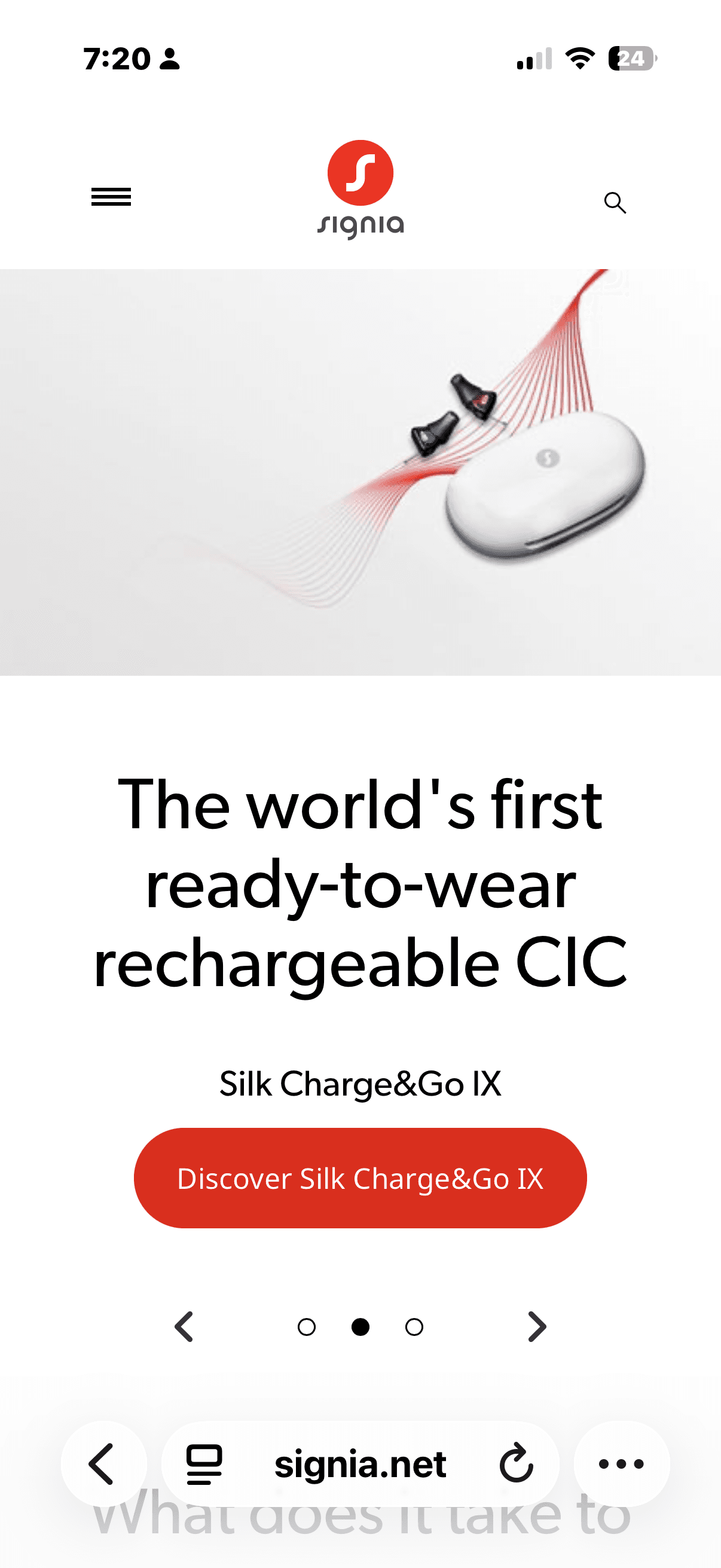 Signia Silk Charge&Go IX rechargeable hearing aids and white charging case on a white background.